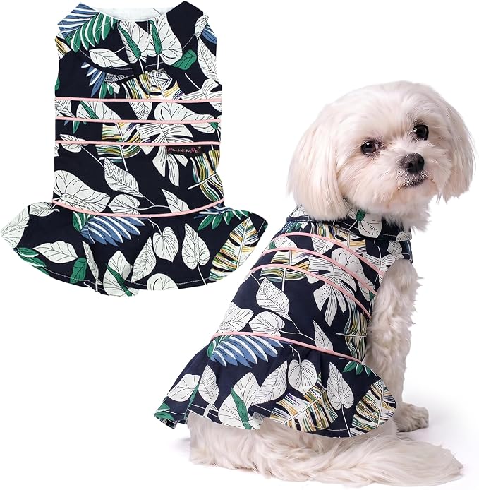 Parisian Pet Palm Dog Dress - 100% Cotton Summer Clothes for Small Dogs Girl - Tropical Leaf Pet Dress - Stylish Beach Dog Outfit - Lightweight Puppy Clothes - Green Dresses for Dogs