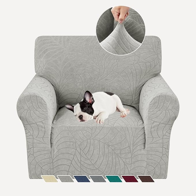 YEMYHOM Couch Cover Latest Jacquard Design High Stretch Sofa Chair Covers for Living Room, Pet Dog Cat Proof Armchair Slipcover Non Slip Elastic Furniture Protector (Small, Begonia Leaf Light Gray)