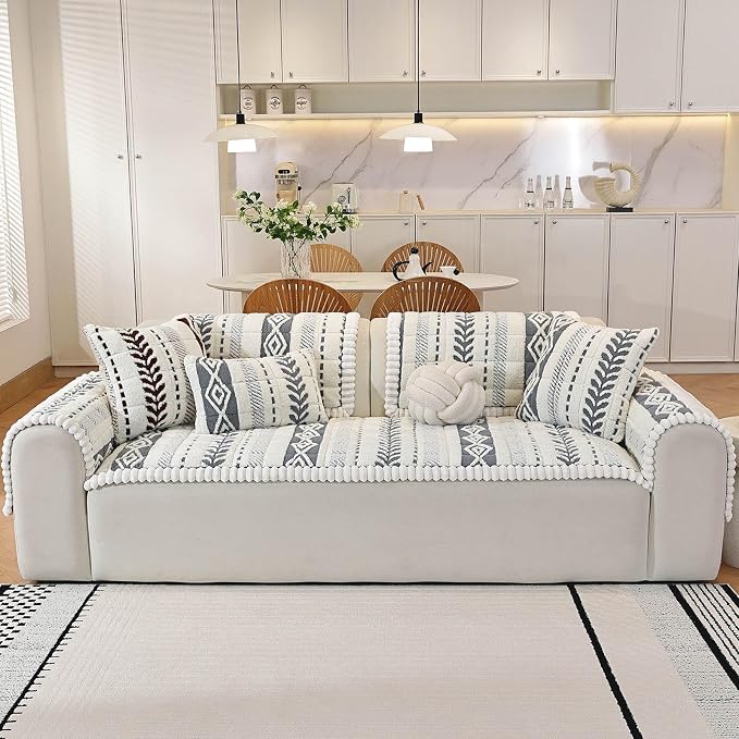 Couch Cover for Dogs, Washable Non-Slip Boho Geometric Pet Sofa Protector, Soft Sofa Slipcovers Cushion Protector for Dogs and Cats. (Light Gray, 27.6" x 82.7" x 1.5")