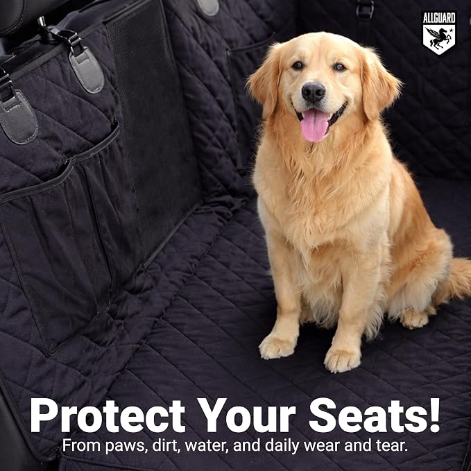Dog Car Seat Cover for Back Seat, Waterproof, Scratchproof, Nonslip, Dog Hammock for Car, Safety Harness Included, Seat Covers for Pet Dogs, Standard Size (Black)