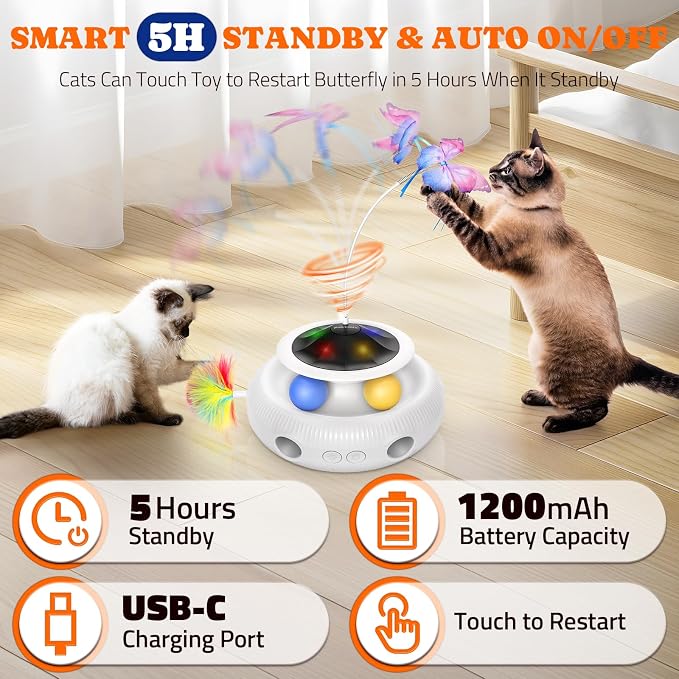 Pawtners Cat Toys, Automatic Interactive Kitten Toys for Indoor Cats, White | Fluttering Butterfly, Moving Feather, Track Balls and USB Rechargeable Powered Smart Indoor Exercise Kicker