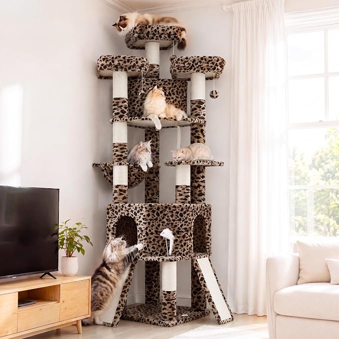 Cat Tree, 81.1" Tall Heavy Duty Cat Tower for Large Cats VCT032BW | Cat Furniture with 3 Wide Platforms, Diamond-Shaped Condo 2 Sisal Scratchers, Hammock & Stable Base, Leopard Print