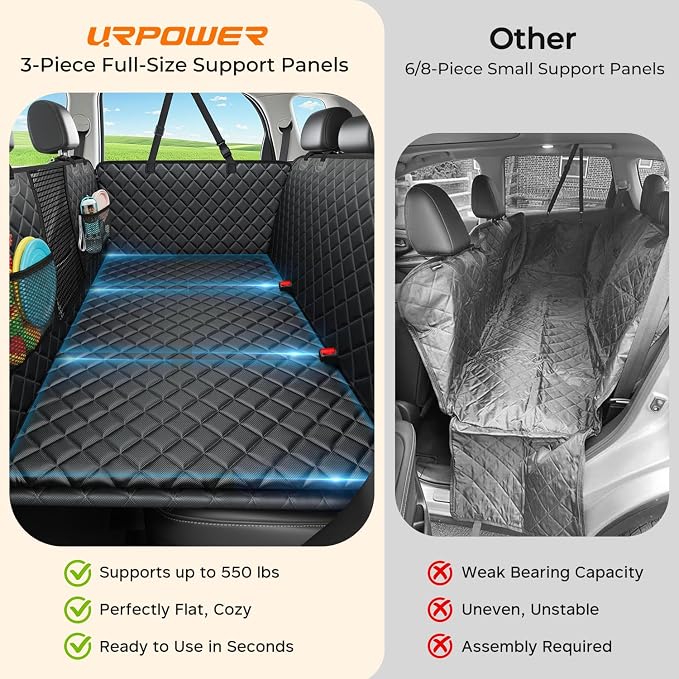 URPOWER Dog Back Seat Extender for Full-Size Crew Cab Trucks, Hard Bottom | Supports 550 lbs, Stable 3-Panel Hard Bottom, Added High-Density Foam for Comfort, Waterproof 900D Oxford, 45% More Space