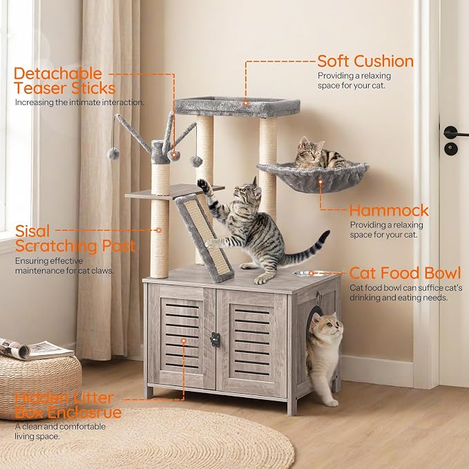 HOOBRO Cat Tree with Litter Box Enclosure, 44" Tall Wooden Cat Tower with Scratching Posts, Cat Hammock, Hidden Litter Box Furniture, All-in-One Indoor Cat Condo, Greige BG48MZ03