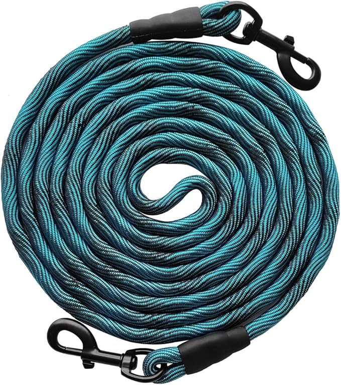 BTINESFUL Dog Tie-Out Check Cord Long Tether Rope Leash, 8ft 12ft 20ft 30ft 50ft Recall Training Dog Lead for Yard- Large Medium Dogs Outside Playing, Camping, or Backyard (20ft, Blue Black)