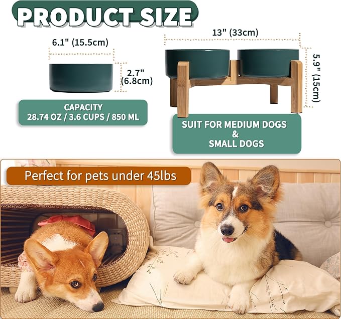 Elevated Ceramic Dog Bowl, 3.6 Cups Dog Food and Water Bowl Set with Stand | 6.1'' Double Dog Feeding Dishes, Non-Slip Raised Dog Feeder for Small and Medium Breeds, 28.74 OZ / 850 ML, White