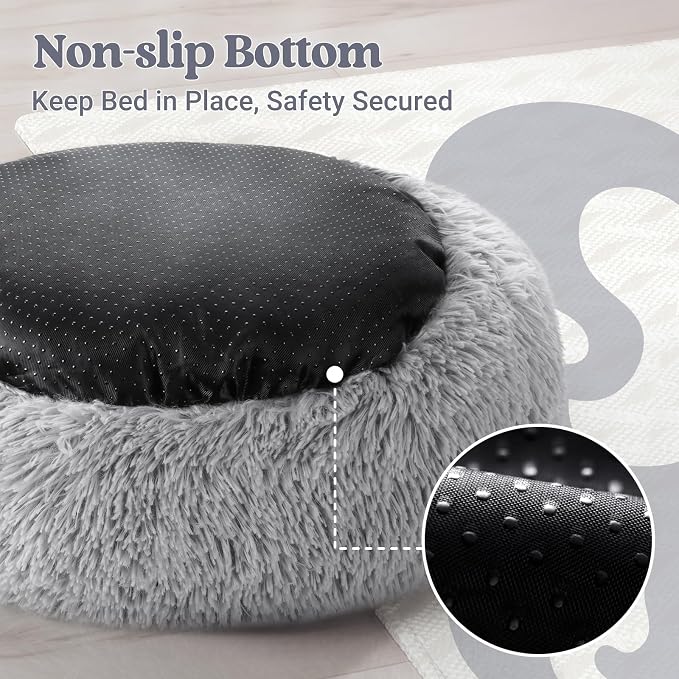 rabbitgoo Calming Cat Beds for Indoor Cats, 23 inches, Light Grey | Soft Warm Donut, Fluffy Faux Fur, Supportive Raised Rim, Anti-slip, Machine Washable, Up to 25lbs Cats & Small Dogs