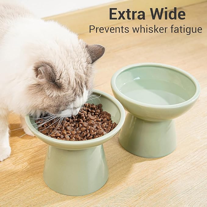 CEEFU 2-Pack Elevated Ceramic Cat Bowls Extra Wide for Food & Water | Anti Vomiting, Whisker Friendly, Shallow Food Dish and Deep Water Bowl, Lead&Cadmium-Free, Raised Height for Cats, Sage Green