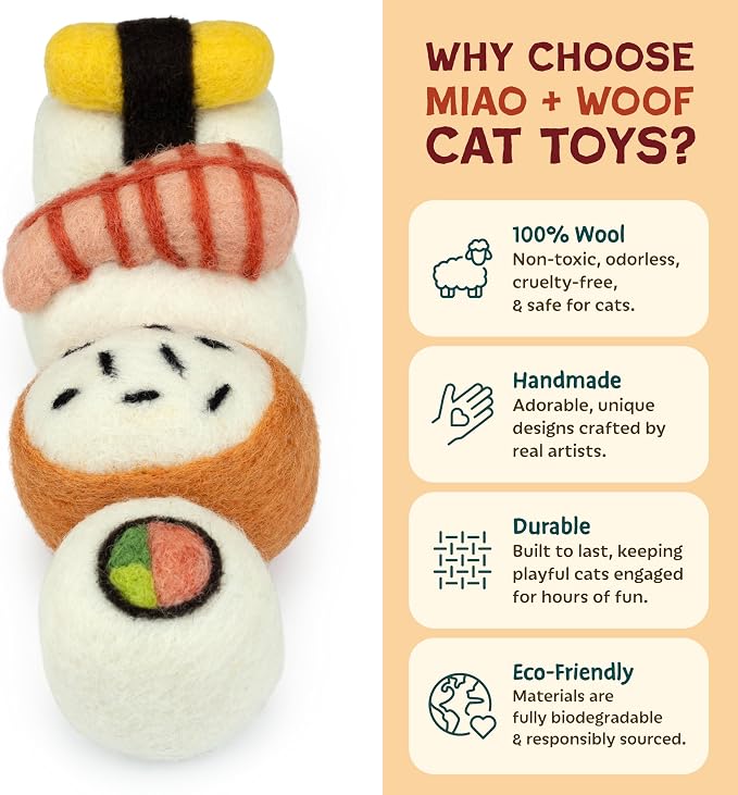 Woolbuddy Wool Cat Toys (Sushi 4 PCS) for Indoor Cats & Kittens Catnip-Free | 100% Pure Wool Felt Interactive Cat Toys, Catnip-Free for Bored Cats, Teething Kittens, Redirect Cat's Destructive Energy