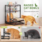 Elevated Cat Bowl Stand Feeding Station, 3-Tier Cat Food Organizer & Storage, Pet Feeding Station with Cat Table, Cat Food Stand for Large Medium Cats, 3 Height Adjustable, Black