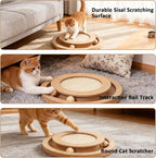 Sisal Cat Scratch Pad with Ball Track Round Wooden Cat Scratchers | Cat Scratching Board for Indoor Small Cats and Kitten Scratching Chasing Playing