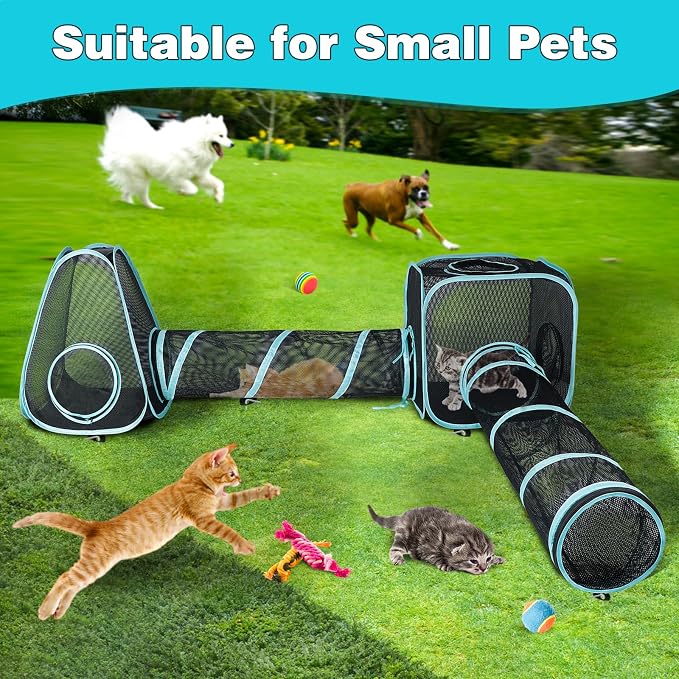 Outdoor Cat Enclosure, 9.45 ft Pop-Up Cat Tent with Tunnel Kit | 4-Piece Kit with 2 Tunnels, 33.86 x 11.81 in Tubes, Breathable Mesh, Pop-Up Setup, Storage Bag, DIY Layouts, Cats
