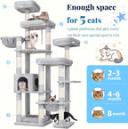 Hey-brother Cat Tree Tower, Wide Base, 5 Platforms for Multi-Cats, MPJ074W | 72.8 Inches Tall Furniture, 5 Plush Beds, Large Condo, Big Hammocks, Sisal Scratching Posts, for Indoor Adult Cat, Light Gray