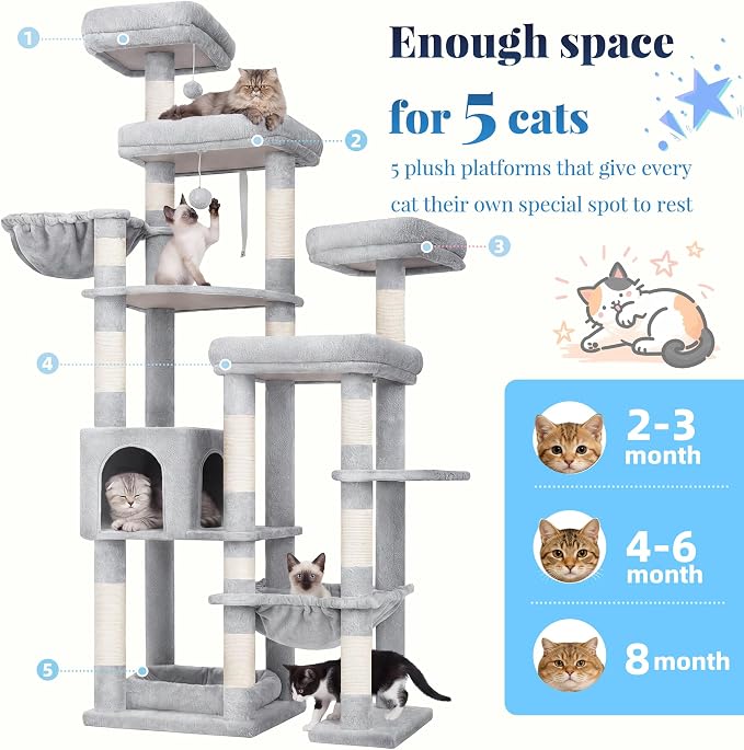 Hey-brother Cat Tree Tower, Wide Base, 5 Platforms for Multi-Cats, MPJ074W | 72.8 Inches Tall Furniture, 5 Plush Beds, Large Condo, Big Hammocks, Sisal Scratching Posts, for Indoor Adult Cat, Light Gray