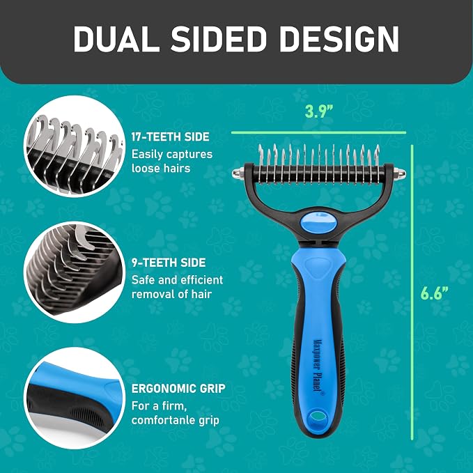 Maxpower Planet Dog Brush for Shedding, Dematting Grooming Tool, Large | Deshedding Undercoat Rake, Dual-Sided 9/17 Teeth, For Cats, Extra Wide, Non-Slip Handle, Gift for Pet Lovers
