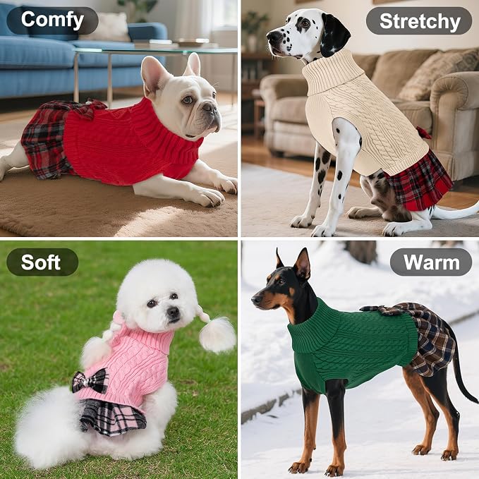 KYEESE Dog Sweater Dress Turtleneck Thick Knit Pullover for Cold Weather | Stretchy Fit, Lightweight & Warm, Cozy Knit Comfort, Cute Bow Accent, Gentle on Sensitive Skin, Comfortable Daily Wear