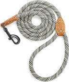 Mile High Life Dog Leash with Genuine Leather Connection, 6 FT/5 FT/4 FT | Rope Leash, Heavy Duty 360° Swivel Metal Clasp, for Small Medium & Large Dogs (White Beige, 48 Inch)