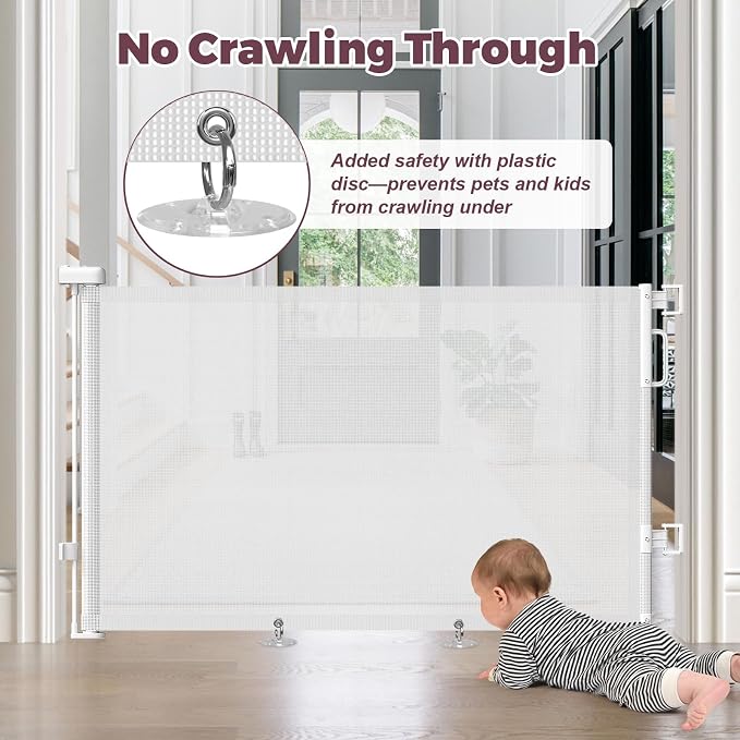 Retractable Baby Gate for Stairs & Doorways, Dog Gate Indoor Outdoor | Extends to 55" Wide 34" Tall Mesh Child Gate for Hallways, Deck, Porch, Pet Toddler Safety Essentials, Easy Install, White
