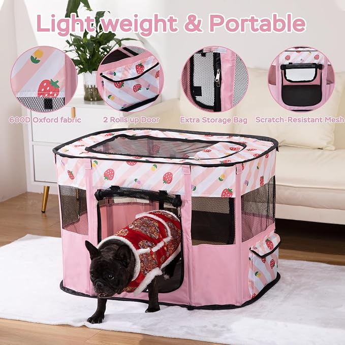 Portable Pet Playpen, Cat Playpen for Indoor Cats Enclosed，Kitten Playpen Indoor with Resistant Breathable Shade Cover,Indoor Outdoor Use for Small Medium Pet (M, Pink)