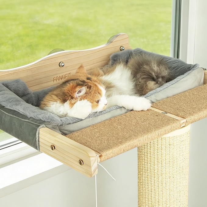54" Tall Cat Scratching Post with Window Perch | Gray Fluffy Cushion, 3-Piece Thickened sisal Roman Columns, Drill-Free Suction Cup, Elevated Privacy Hammock, 60 LBS Capacity