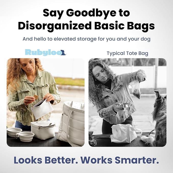 Rubyloo Puffer Dog Travel Bag for Dog Moms, Diaper Bag with Travel Bowls | 2 BPA-Free Collapsible Bowls, 2 Pet Food Containers, 9 Pockets, Everyday Puffer Bag Works With or Without Your Dog, Beige