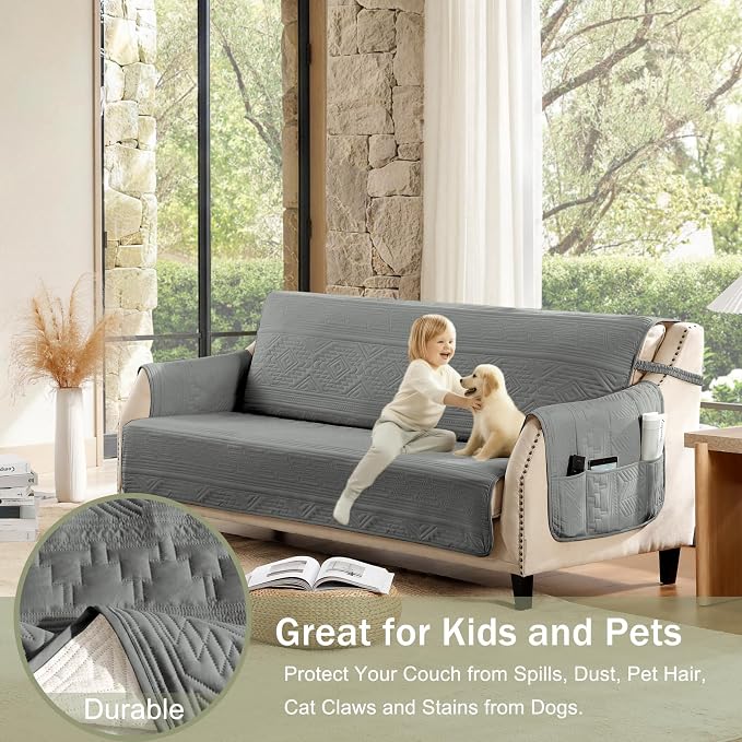 Soft Boho Quilted Couch Cover with Pockets for Extra-Large Sofa, Anti-Slip Boho Sofa Covers Washable for 3 Cushion Pet Friendly, Oversized Sofa Cover Water-Repellent (X-Large Sofa 78", Gray)
