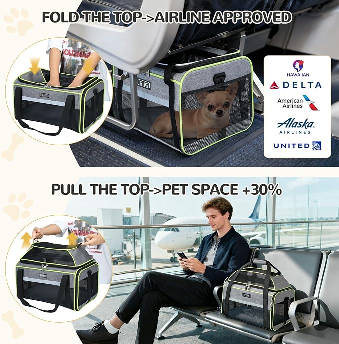 Lekereise Top-Expandable Pet Carrier 17x11x9.5 Inch Alaska Hawaiian Airline Approved Soft Sided Underseat to 12lbs Travel Carriers for Small Dogs and Cats with Locking Safety Zippers Anti-Scratch Mesh