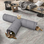 Ownpets 12" Large Cat Tunnel 3-Way T-Shape Oxford Fabric for Large Cat | Silent oxford fabric no noise, expandable 3-channel design, with plush ball ,feather wand, peek hole, for multi-cat household
