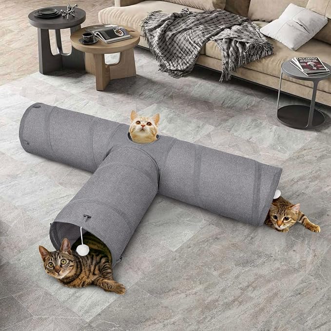 Ownpets 12" Large Cat Tunnel 3-Way T-Shape Oxford Fabric for Large Cat | Silent oxford fabric no noise, expandable 3-channel design, with plush ball ,feather wand, peek hole, for multi-cat household