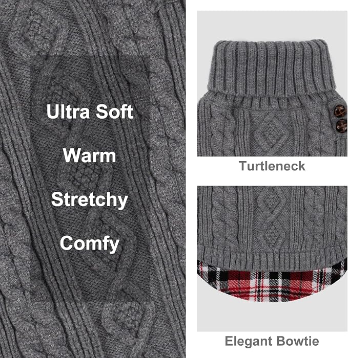 KYEESE Dog Sweater Turtleneck Thick Knit Pullover for Cold Weather | Stretchy Fit, Lightweight & Warm, Cozy Knit Comfort, Classic Plaid Design, Gentle on Sensitive Skin, Comfortable Daily Wear