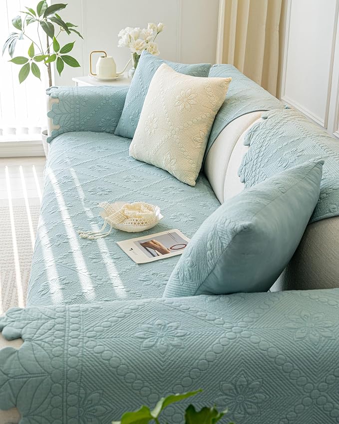 Cotton Quilted Dog Couch Cover for Sofa Farmhouse Rustic Embroidery Sectional Couch Cover Soft Anti-Slip Sofa Slipcover Furniture Protector for Kids, Pets (Blue,43"x82")