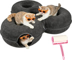 4-in-1 Large Cat Tunnel Bed for Multiple Large Cats, Scratch Resistant Donut & Detachable & Washable Donut Cat Bed,Up to 45 Lbs (L 40x40x11,Charcoal Gray),Bonus Pet Hair Remover Included