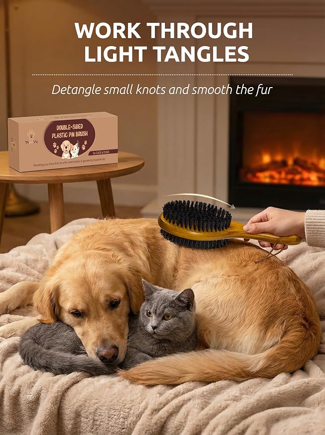 TAKAVU Pin & Bristle Pet Brush for Dogs & Cats, Double-Sided | Grooming Tool Detangles, Removes Loose Hair & Conditions Coat, Soft on Sensitive Skin, Natural Wood Handle Groomer