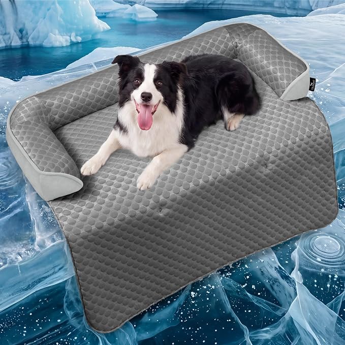 Calming Large Dog Couch Bed, Waterproof Memory Foam with Durable Cooling Mats, Washable Removable Cover Protector for Sofa, Bedside, Gift, 41 x 37 Inches, Cooling Grey