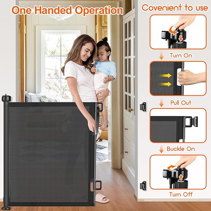 EZIGO 71 Inch Retractable Baby Gates Extra Wide Baby Dog Gate for Stairs | 34 Inch Tall Retractable Dog Gate, One-Hand Operation Mesh Safety Pet Gate for Deck, Porch, Doorways Indoor Outdoor, Black