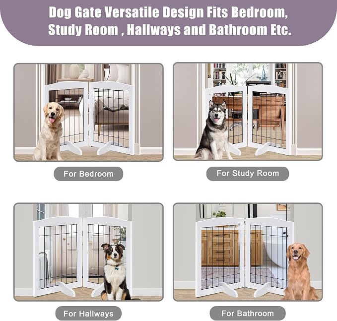LZRS 2-Panel Freestanding Adjustable Wooden Dog Gate—30” Tall Foldable Pet Barrier with Support Feet, Solid Hardwood & Chew-Resistant Steel Wire for Doorways, Hallways, and Stairs, White