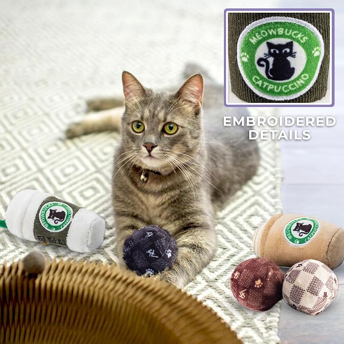 Haute Diggity Kitty Meowbucks Catpuccino Set, Soft Plush Cat Toys | 2 Pack Catnip Toys with Interactive Crackle Sound, Safe & Durable Cat Nip Kicker Toy for Outdoor & Indoor Cats & Kitten