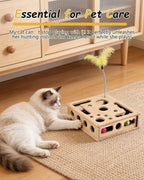 Cat Toys for Indoor Cats – Interactive Wooden Puzzle Box | with Nail File Scratcher, 3 Jingle Balls & Feather Wand, Hunting Play Toy for Bored Felines