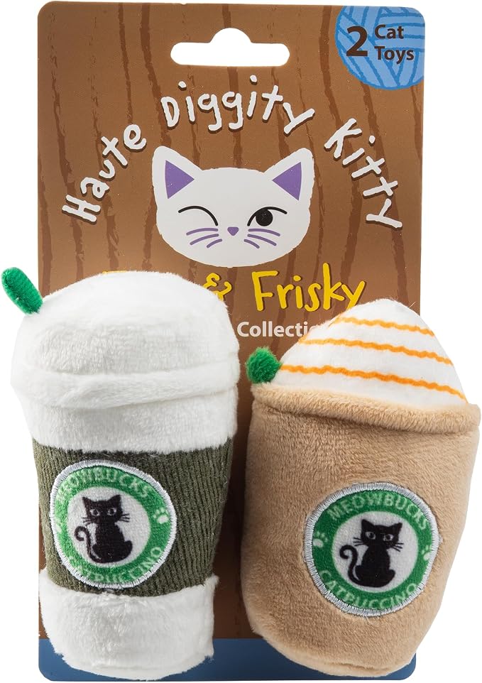 Haute Diggity Kitty Meowbucks Catpuccino Set, Soft Plush Cat Toys | 2 Pack Catnip Toys with Interactive Crackle Sound, Safe & Durable Cat Nip Kicker Toy for Outdoor & Indoor Cats & Kitten