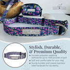 Lucky Love Dog, Comfortable, Soft, Cute Female Dog Collar for Small Dogs, Black & Purple Floral Print, Adjustable Nylon Collar, Primrose, Small