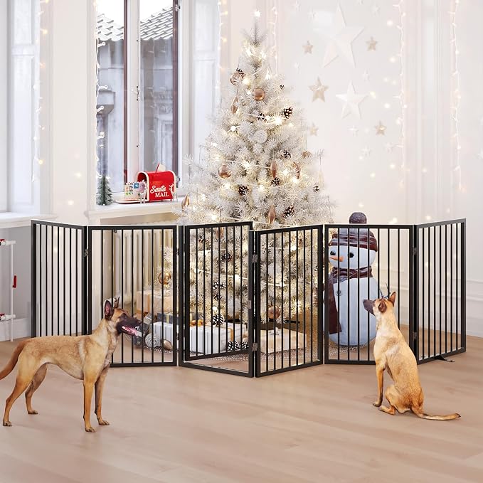 Vantas 120" x 32" Foldable Freestanding Extra Wide Dog Gate with Door,Black | Pet Gate for Stairs and Doorways, Renter Friendly No Drill, Indoor Pet Fence Extra Wide, Easy Storage, With Support Feet
