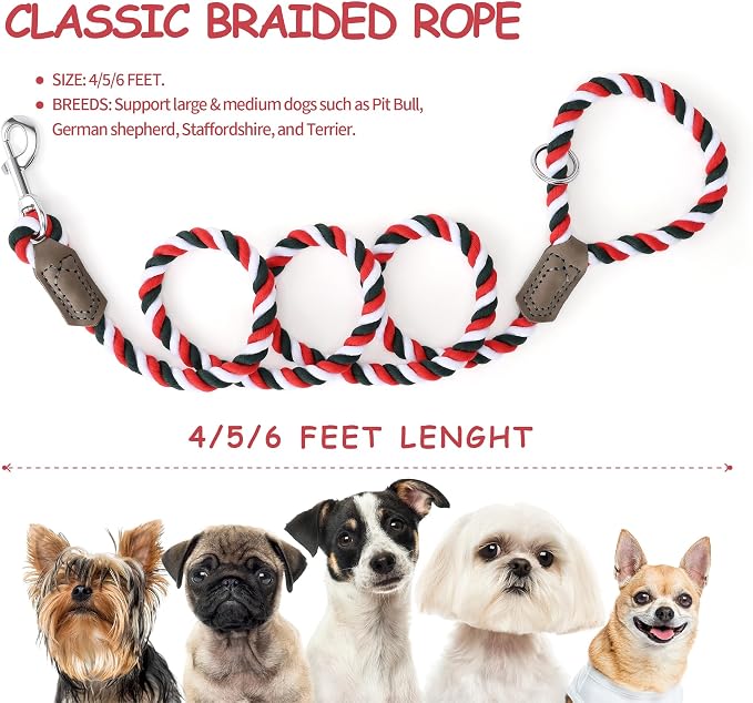 Mile High Life Rainbow Dog Leash Braided Cotton Rope w Leather-Wrapped Ends | Rust-proof 360° swivel clasp, Heavy-duty for medium/large breeds. Great for weddings, daily walks (5FT, 1/2", Red/Green)