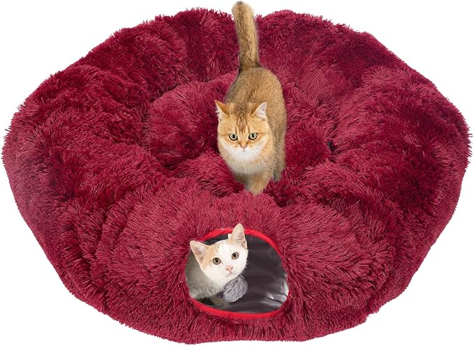 Avont Cat Tunnel Bed, Washable Cushion, Large 3-in-1 Play Tube for Cats | Play, Rest & Snuggle | Spacious for Big Cats | Durable Toggle Design | Removable Washable Cushion | Red