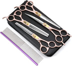 7.5‘’ Professional Dog Grooming Scissors Set 440C Stainless Steel Straight Thinning Curved Chunker Shears 4PCS Set for Pet Grooming Services Dogs and Cats (Rose Gold, Set)