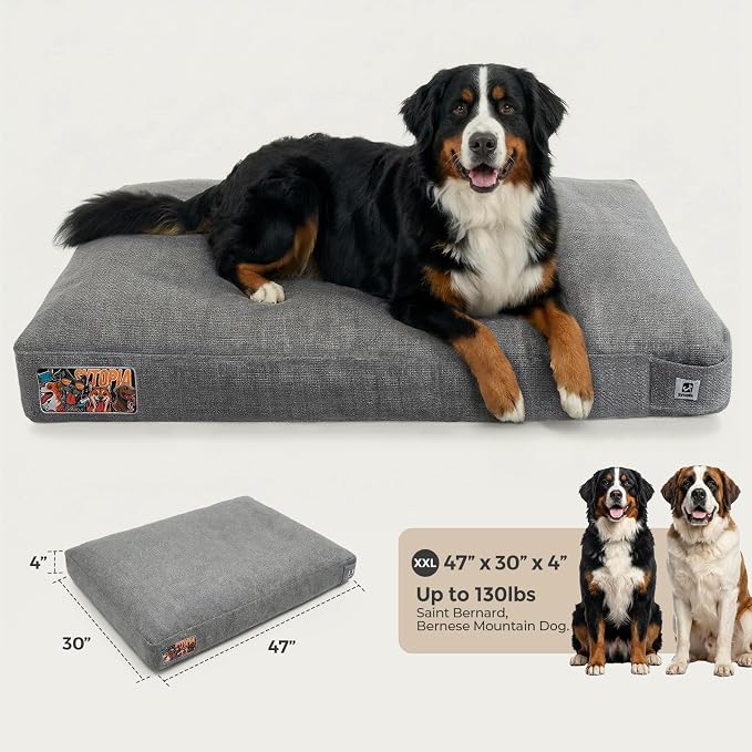 Sytopia 47 Inch Durable Indestructible Dog Beds for XXL Dogs, Chew Proof Waterproof Pet Crate Pad with Machine Washable Removable Cover, Great for Indoor, Outdoor, Crate, Patio Use, Grey