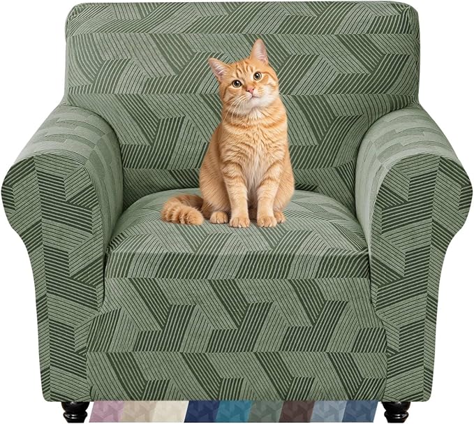 ZNSAYOTX Stretch Armchair Covers for, 1-Piece Chair Slipcovers for Living Room, Furniture Protector with Elastic Bottom for Dogs Cats Kids Geometrical Jacquard Fabric (Small, Army Green)
