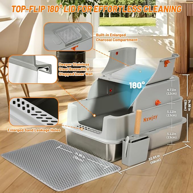 Stainless Steel Litter Box with Lid & Cat Litter Scoop Mat Grey | Deodorizer Cat Metal Litter Box High Sided Enclosure Covered Litter Box Extra Large Litter Boxes for Big Cats