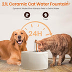 MISFANS Ceramic Cat Water Fountain, All-Ceramic Body, Pure Copper Spout | 2.1L/71oz Capacity, Embossed Design, Under 20dB Pump, Dual Filtration, 2 Flow Modes, Easy-Clean Unit, 3 Filters and Sponge