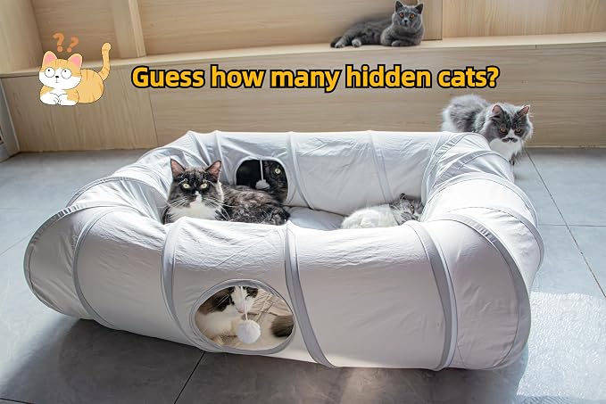 XxingSheep 4 Ways Shuttled XL Cat Tunnel Bed for Indoor Cats Peekaboo Cat Cave Donut with Cool Mat