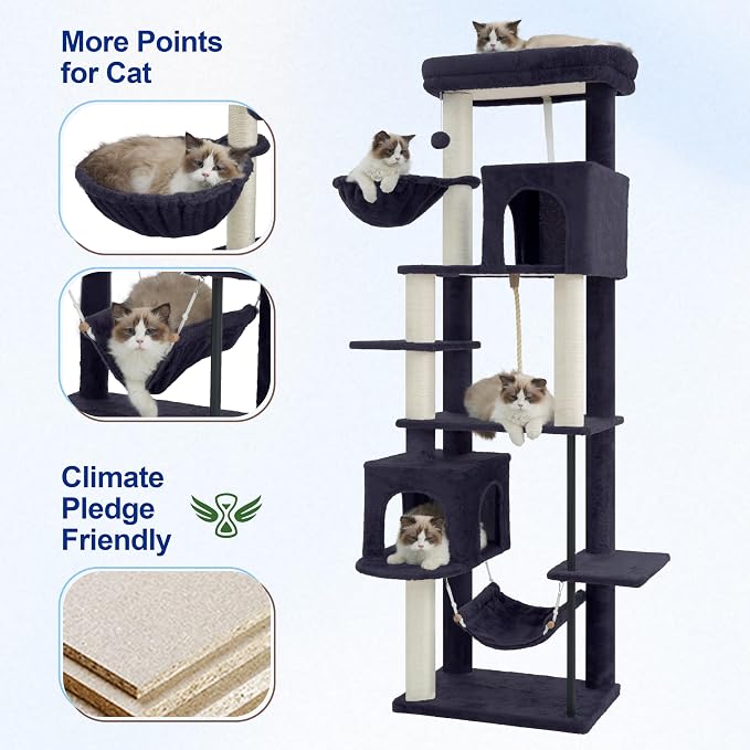 Gitelsnour Cat Tree, Cat Tower with Sturdy Steel Tube, Large Perch GCT024G | 70.5'' Cat Furniture with Scratching Post, Hammock, Basket and Big Platform for Indoor Cats Large Adult, Drak Gray